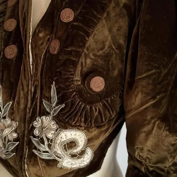 Vintage 1910's VICTORIAN EDWARDIAN Cocoa Brown VELVET FLORAL PUFF Sleeve Jacket - Picture 3 of 8